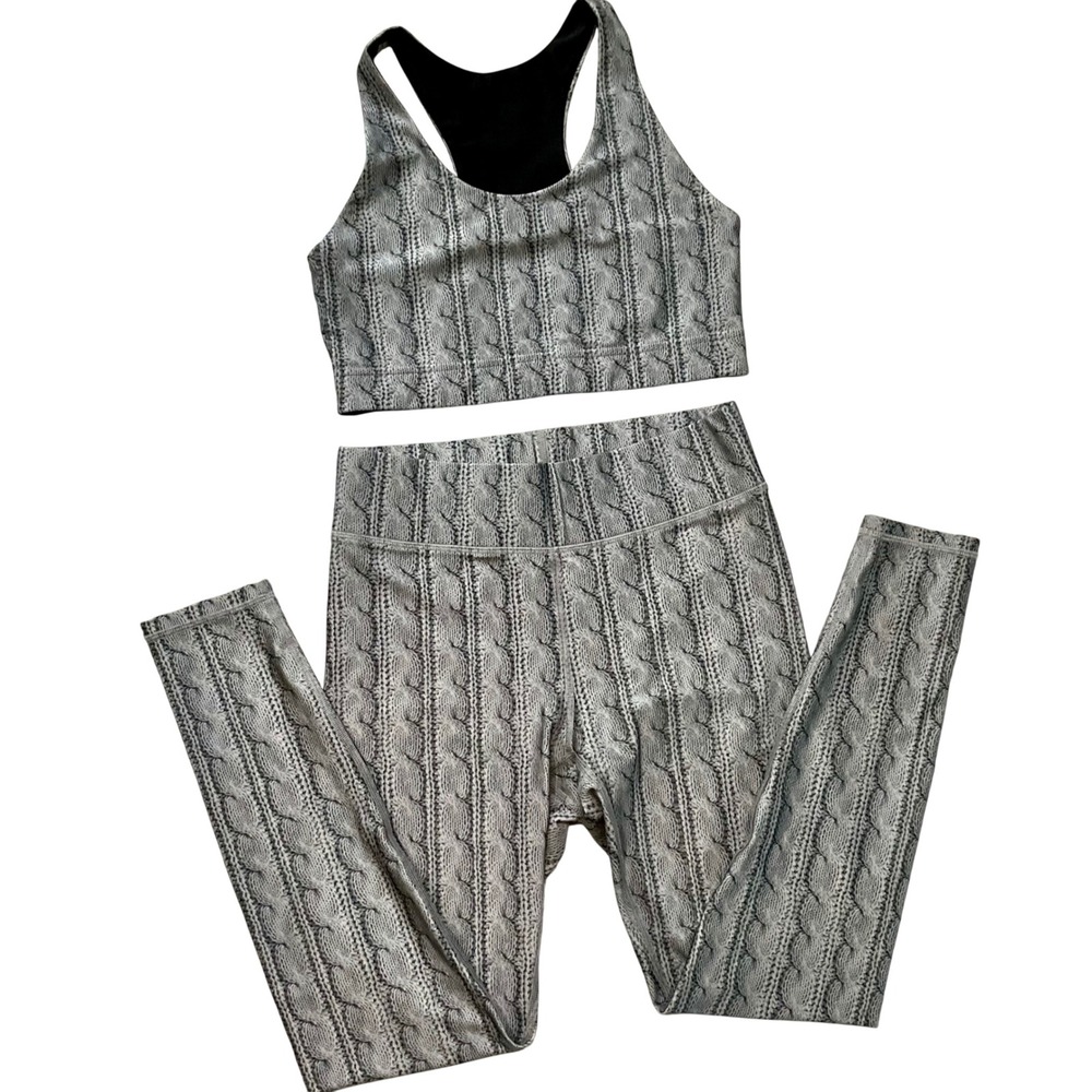 Terez NY Cable Knit Print Sports Bra High Waist Leggings Set M Activewear Silver